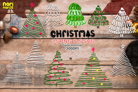 15PNG 5SVG Files Christmas Tree Doodle Illustrations