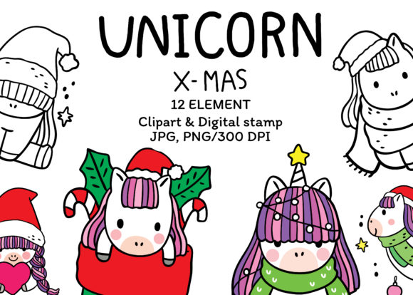 Clipart Digital Stamp Unicorn Christmas