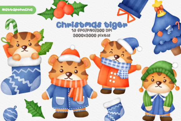 Watercolor Happy Christmas Tiger Clipart for Illustrations